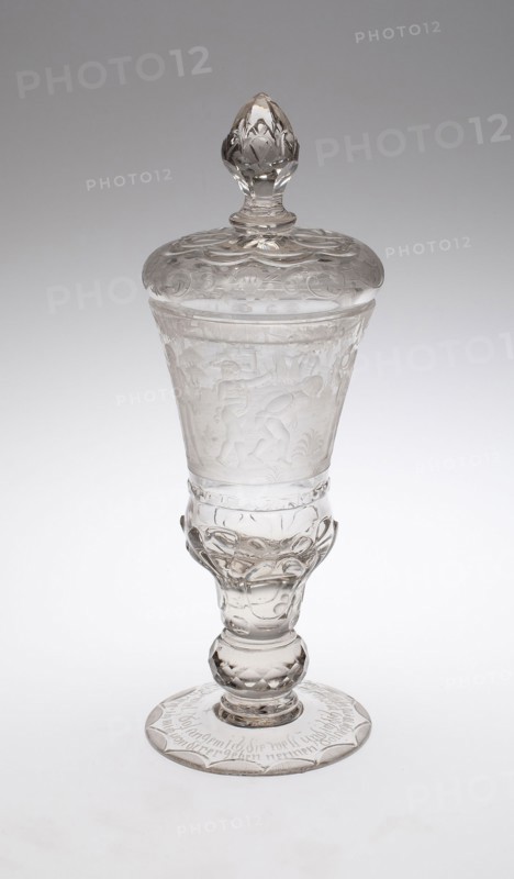 Covered Goblet (Pokal) with Musicians, 1730/40, Silesia, Poland, Silesia, Blown and molded glass with engraved decoration, H. 29.8 cm (11 3/4 in.)