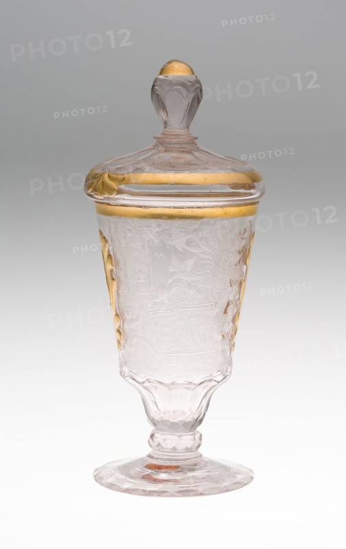 Wine Glass and Cover, c. 1740, Germany, Schleswig, Schleswig, Glass, engraved and gilt decoration, 8.6 x 8.3 cm (8 3/8 x 3 1/4 in.)