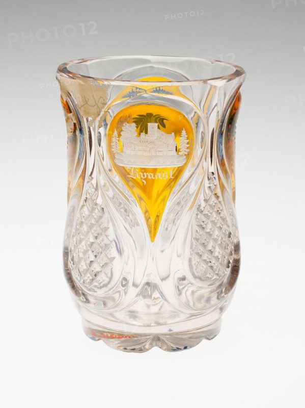 Beaker, c. 1840/50, Bohemia, Czech Republic, Bohemia, Glass, colorless, blown, cut, silver stained and engraved, 11.4 × 7.8 cm (4 1/2 × 3 1/16 in.)