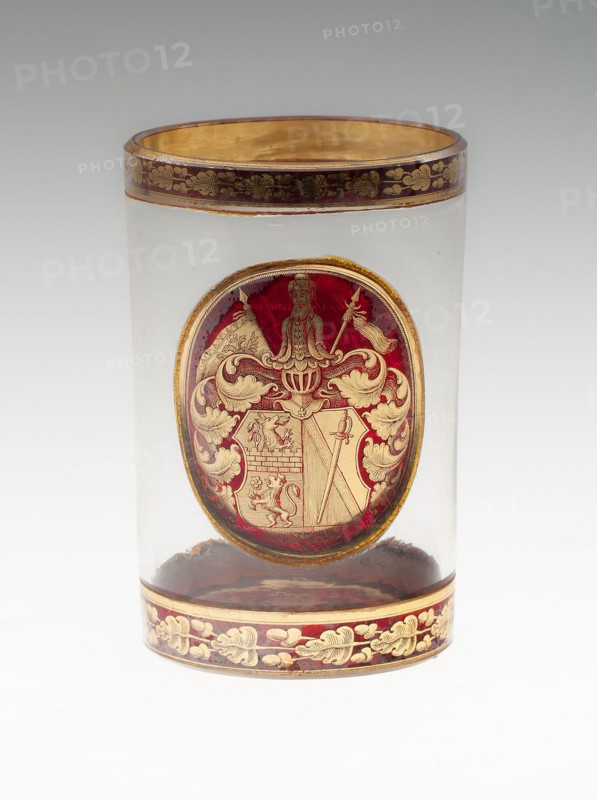 Beaker, 1797, Austria, Gutenbrunn, Decorated by Johann Joseph Mildner (Austrian, 1765-1808), Germany, Glass with gold leaf decoration, 10.5 x 7 cm (4 1/8 x 2 3/4 in.)