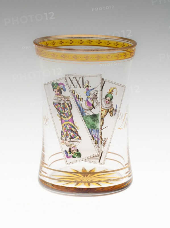 Beaker with Tarot Cards, c. 1820, Anton Kothgasser, Austrian, 1769-1851, Vienna, Austria, Vienna, Glass, colorless, blown, cut, transparent enamels and gilding, 10.5 x 7.1 cm (4 1/8 x 2 13/16 in.)