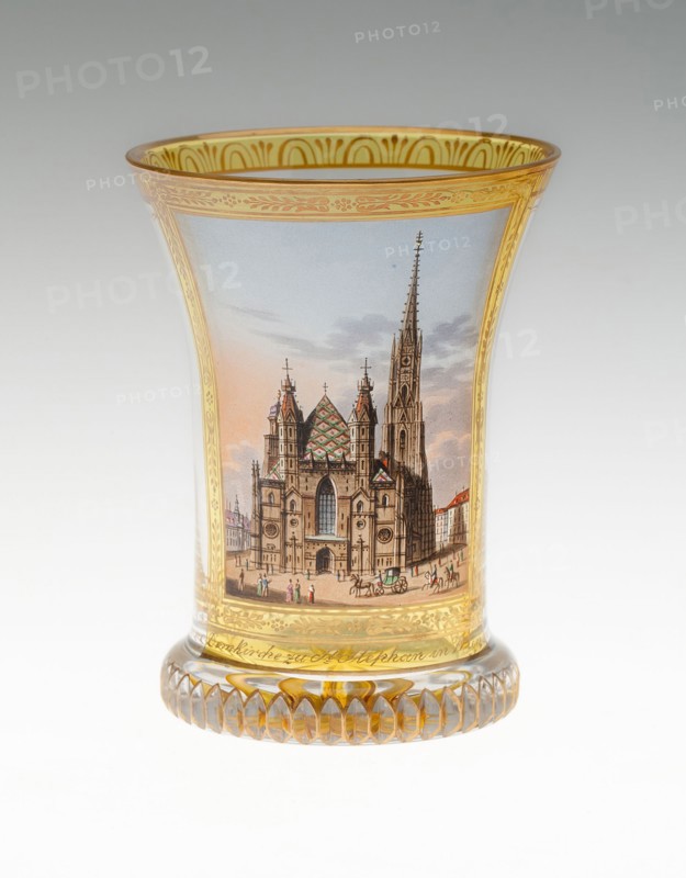 Beaker with St. Stephen’s Cathedral, Vienna, c. 1830, Anton Kothgasser, Austrian, 1769-1851, Vienna, Austria, Vienna, Glass, colorless, blown, cut, transparent enamels and gilding, 11 x 8.4 cm (4 5/16 x 3 5/16 in.)