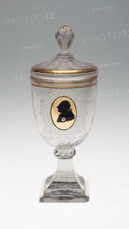 Covered Goblet with Silhouette Bust of King Frederich the Great, c. 1795, Germany, Silesia, Warmbrunn, Decorated by Johann Sigismund Menzel (German, 1744-1810), Germany, Glass, H. 24.8 cm (9 3/4 in.)