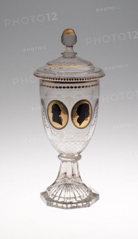 Covered Goblet with Male and Female Silhouettes, c. 1795, Germany, Silesia, Warmbrunn, Decorated by Johann Sigismund Menzel (German, 1744-1810), Germany, Glass, H. 26.5 cm (10 7/16 in.)