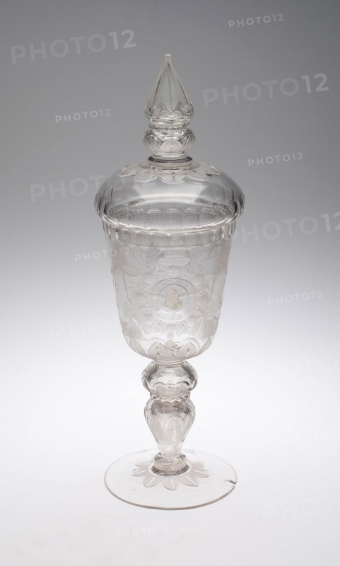 Covered Goblet (Pokal), 1713/20, Germany, Potsdam or Berlin, Germany, Blown and molded glass with engraving and applied medallion, H. 48.3 cm (19 in.)