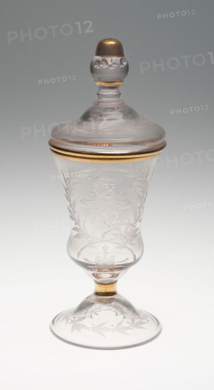 Goblet with cover, c. 1740 or early 19th century, Germany, Zechlin, Flecken Zechlin, Glass, engraved and gilt decoration, 24 × 8.7 cm (9 7/16 × 3 7/16 in.)