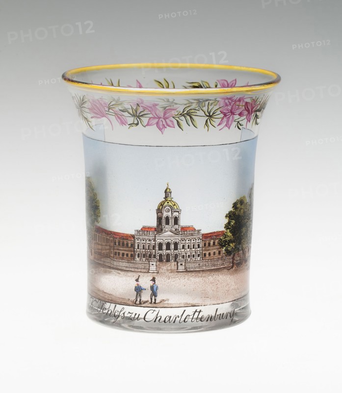 Beaker, 1816, Germany, Berlin or Dresden, Carl von Scheidt (German, 19th century), Berlin, Glass, colorless, blown, cut, stained and enameled, 10.2 × 9.1 cm (4 × 3 9/16 in.)