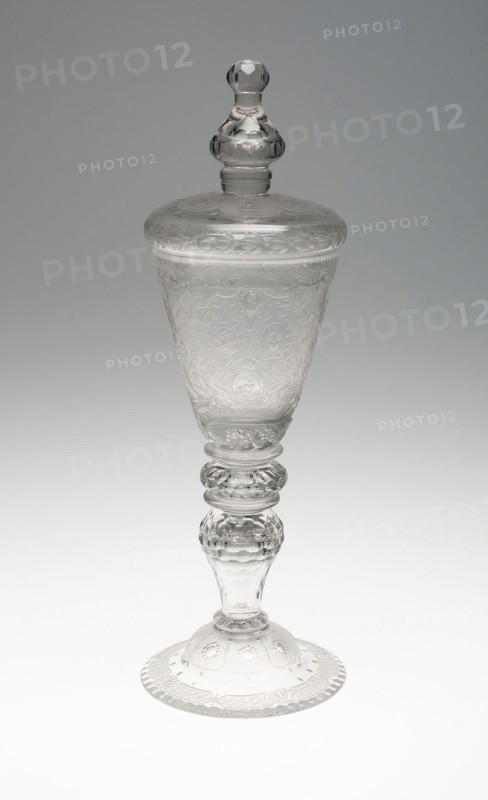 Goblet with Cover, c. 1750, Germany, Brunswick, Probably engraved by Johann Heinrich Balthasar (German, active 18th century), Brunswick, Glass, 32.7 × 9.5 cm (12 7/8 × 3 3/4 in.)