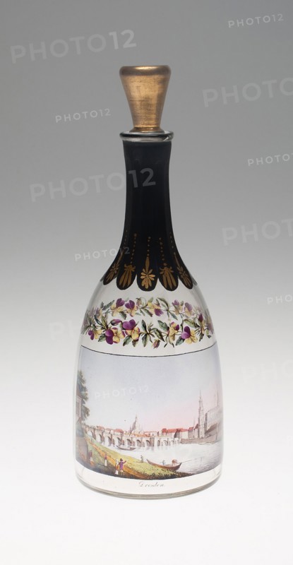 Bottle with a View of Dresden, 1814, Workshop of Samuel Mohn, German, 1762-1815, Dresden, Germany, Dresden, Glass, colorless, blown, stained and painted in transparent enamels and gilding, H. 25.4 cm (10 in.)