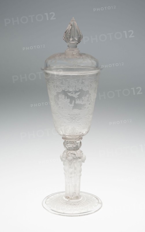 Goblet (Pokal) with Herm Stem, 1734, Germany, Hesse-Kassel, Western Germany, Glass, blown and molded with wheel-engraved decoration, 24.9 x 10 cm (9 13/16 x 3 15/16 in.)