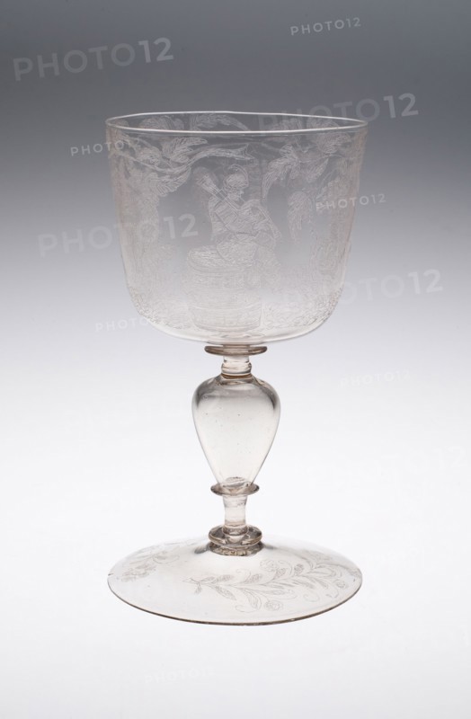 Goblet with Peasant Dancers and Musicians, Late 17th century, Probably engraved by Willem Mooleyser, Dutch, active 1666-1697, Netherlands, Netherlands, Glass, 16.5 x 8.9 cm (6 1/2 x 3 1/2 in.)