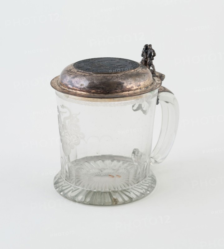 Tankard, c. 1730, Germany, Glass with silver cover, 14 x 10.3 cm (5 1/2 x 4 1/16 in.)