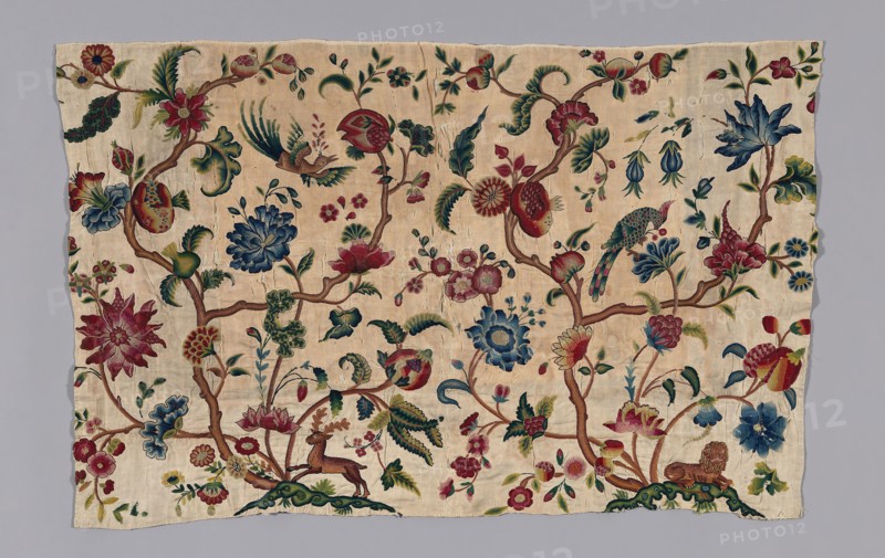 Portion from a Valance, 1701/25, England, Linen, plain weave over coarser and heavy plain weave linen, embroidered through both layers in wool yarns, in chain, long, short and feather stitches, French knots, 55.6 × 87.6 cm (21 7/8 × 34 1/2 in.)