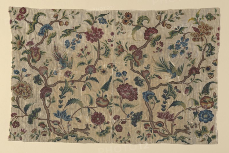 Portion from a Valance, 1701/25, England, Linen, plain weave over coarser and heavy plain weave linen, embroidered through both layers in wool yarns, in chain, long, short and feather stitches, French knots, b: 56.1 × 86.8 cm (22 1/8 × 34 1/8 in.)