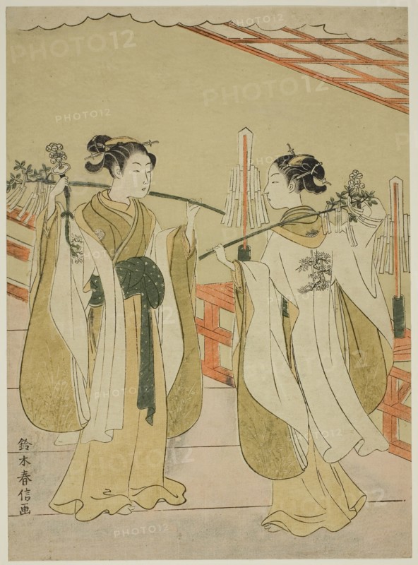 Shrine Maidens Onami and Ohatsu Dancing at Yushima Tenjin Shrine, c. 1769, Suzuki Harunobu ?? ??, Japanese, 1725 (?)-1770, Japan, Color woodblock print, chuban, 10 3/4 x 7 3/4 in.