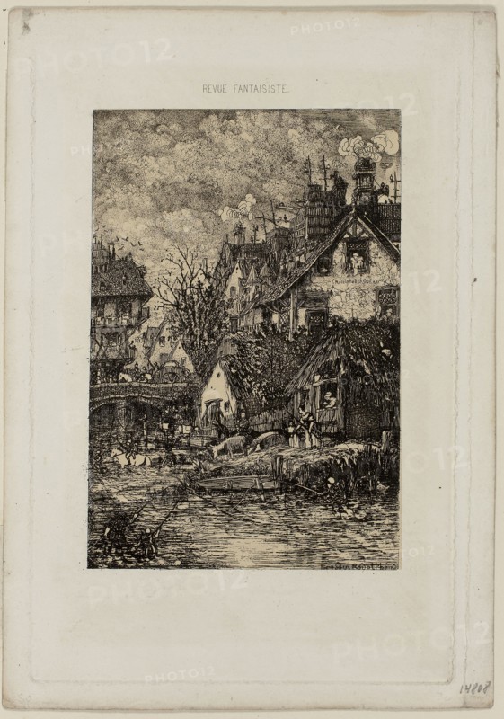 Entering a Village, from Revue Fantaisiste, 1861, Rodolphe Bresdin, French, 1825-1885, France, Etching on cream China paper laid down on white wove paper, 148 × 100 mm (image), 208 × 135 mm (plate), 225 × 158 mm (sheet)