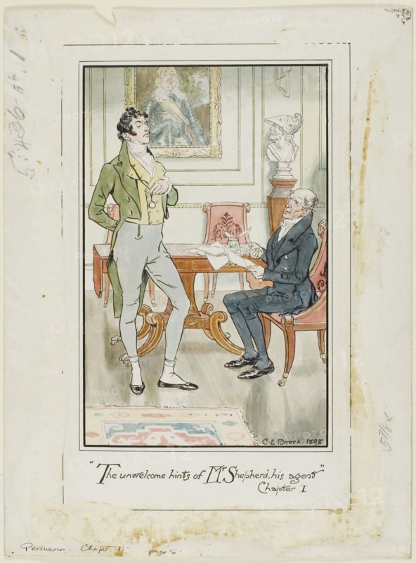 ‘The unwelcome hints of Mr. Shepherd, his Agent,’ Chapter I frontispiece for Jane Austen’s Persuasion, 1898, Charles Edmund Brock, English, 1870-1938, England, Pen and black ink with brush and watercolor, on ivory wove card, 298 × 222 mm