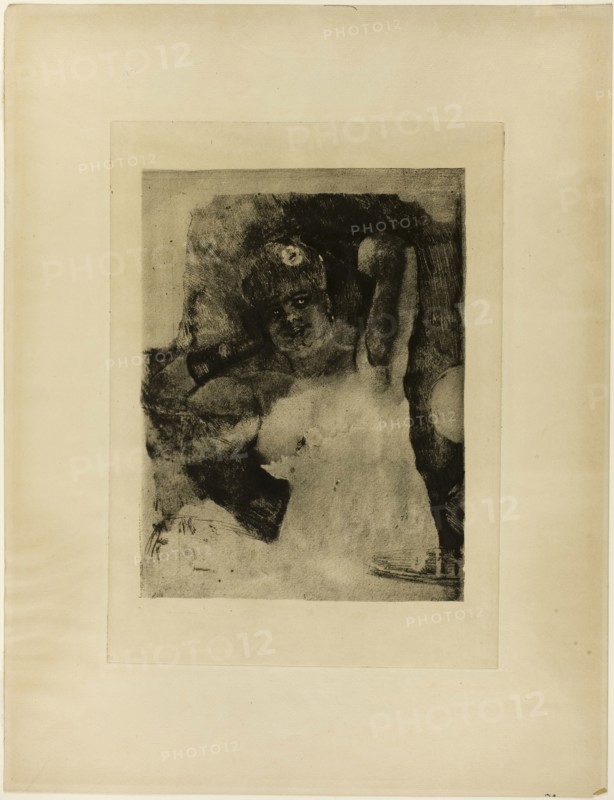 Woman with a Carcel Lamp, 1876, Félicien Rops, Belgian, 1833-1898, Belgium, Reproduction of a soft varnish etching ("vernis mou"), with drypoint and roulette, on cream laid paper, 227 × 171 mm (image), 287 × 207 mm (plate), 417 × 319 mm (sheet)