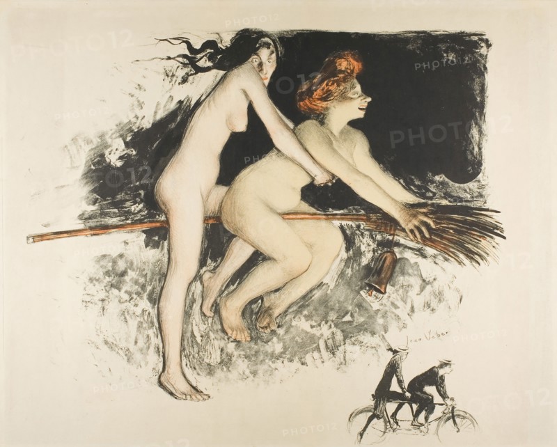 Witches, 1900, Jean Veber, French, 1864-1928, France, Lithograph from three stones in black (lavis and crayon), orange-red, and yellow, with remarque, on cream wove paper, laid down on board, 430 × 498 mm (image), 465 × 619 mm (sheet)
