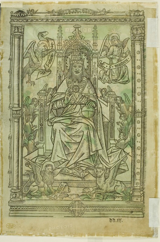 The Crucifixion with the Virgin and St. John (recto), God, the Father, Enthroned with the Signs of the Evangelists (verso), 1495/1525, Unknown Artist (French, 16th century), printed by Nicolas Prévost (French, active 16th century), published by Arnold Birckman (German, died 1542), France, Woodcut in black, with hand-coloring, on parchment, 266 × 176 mm (image), 300 × 203 mm (sheet)