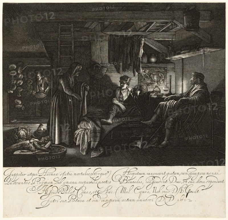 Jupiter and Mercury in the House of Philemon and Baucis, 1612, Hendrik Goudt (Dutch, 1583-1648), after Adam Elsheimer (German, 1578-1610), Netherlands, Engraving in black on ivory laid paper, 213 x 220 mm