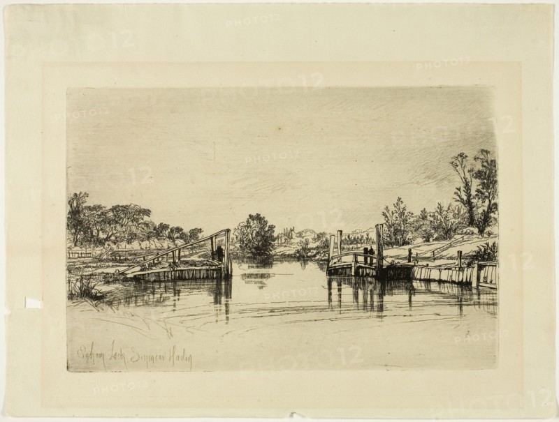 Egham Lock, c. 1859, Francis Seymour Haden, English, 1818-1910, England, Etching and drypoint on cream laid paper, 147 × 223 mm (image/plate), 216 × 285 mm (sheet)