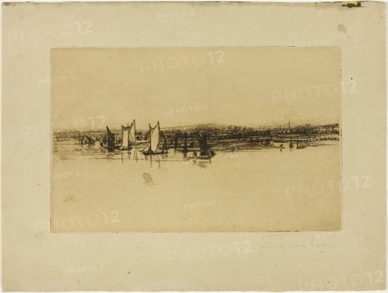 Opposite The Inn, Purfleet, c. 1869, Francis Seymour Haden, English, 1818-1910, England, Etching with drypoint on zinc printed on cream laid paper, 159 × 253 mm (image/plate), 253 × 337 mm (sheet)