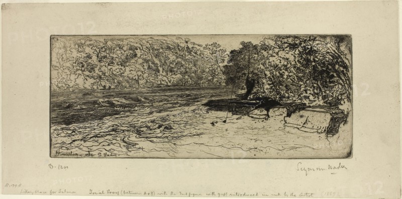 A Likely Place for a Salmon, c. 1869, Francis Seymour Haden, English, 1818-1910, England, Etching and drypoint on cream wove paper, 106 × 260 mm (image/plate), 167 × 342 mm (sheet)