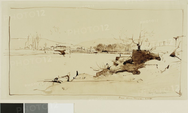 Arno above Florence, September 3, 1900, David Young Cameron, Scottish, 1865-1945, Scotland, Pen and brown ink, with brush and brown wash, over traces of graphite, on cream wove paper, 171 x 320 mm