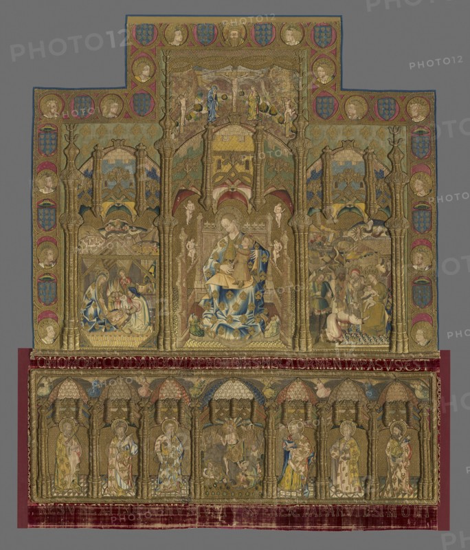 Retable (Depicting Madonna and Child, Nativity, and Adoration of the Magi, Altar Frontal Depicting the Resurrection and Six Apostles), c. 1468, Spain, El Burgo de Osma, Spain, Linen plain weave ground appliquéd with linen and silk plain weaves and silk velvet, embroidered with silk floss and creped threads, gilt- and-silvered-metal-strip-wrapped silk threads, seed pearls and metal spangles, Retable (a): 167 × 203.5 cm (65 3/4 × 80 1/8 in.)