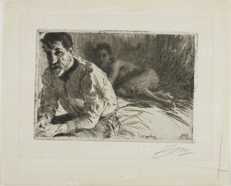 Augustus Saint-Gaudens II (Saint-Gaudens and His Model), 1897, Anders Zorn, Swedish, 1860-1920, Sweden, Etching on ivory laid paper, 129 x 190 mm (image), 135 x 198 mm (plate), 226 x 279 mm (sheet)
