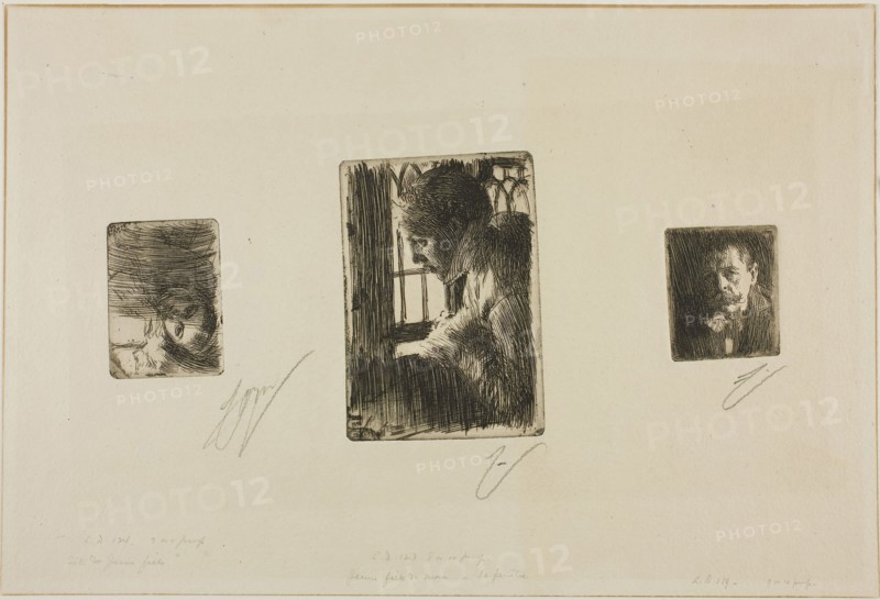 Girl’s Head, Peasant Girl at Window, Anders Zorn, 1897–98, Anders Zorn, Swedish, 1860-1920, Sweden, Three etchings on ivory laid paper, 52 x 70 mm (image/plate, left), 128 x 88 mm (image/plate, center), 60 x 51 mm (image/plate, right), 266 x 394 mm (sheet)