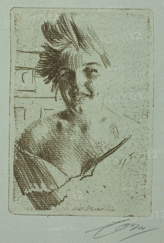Laughing Model I, 1898, Anders Zorn, Swedish, 1860-1920, Sweden, Soft ground etching on light blue laid paper, 128 x 88 mm (image/plate), 330 x 210 mm (sheet)