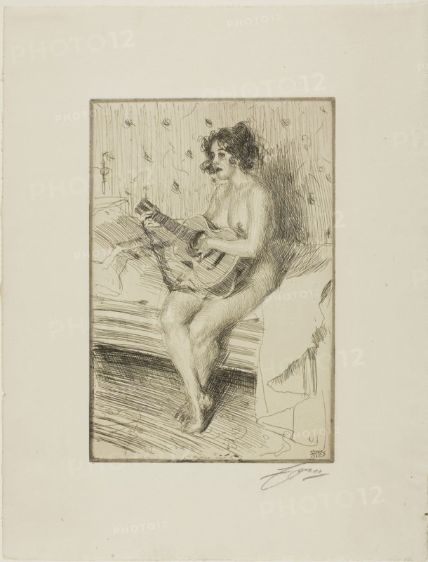 The Guitar-Player, 1900, Anders Zorn, Swedish, 1860-1920, Sweden, Etching on ivory laid paper, 238 x 160 mm (image/plate), 360 x 277 mm (sheet)