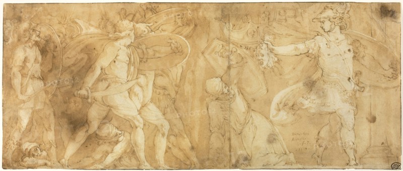 Perseus with the Head of Medusa, Turning Phineus and his Followers to Stone, 1567, After Polidoro Caldara, called Polidoro da Caravaggio, Italian, c. 1499-c. 1543, Italy, Pen and brown ink with brush and brown wash, over black chalk, on ivory laid paper, 204 x 487 mm