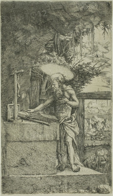 Saint Jerome Reading, 1500/1538, Albrecht Altdorfer, German, c.1480-1538, Germany, Engraving in black on ivory laid paper, 104 x 60 mm (image/plate/sheet)