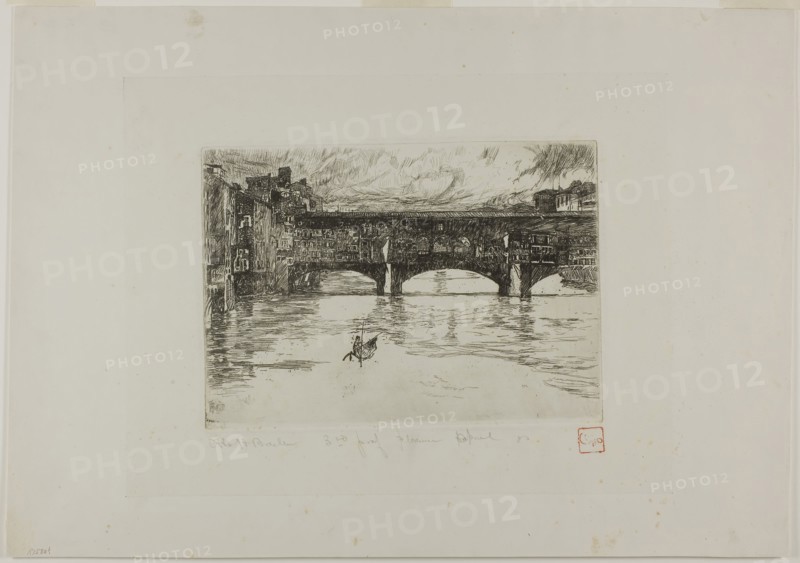 Ponte Vecchio, destroyed plate, 1880, Otto Henry Bacher, American, 1856-1909, United States, Etching on ivory chine mounted on ivory wove paper, 157 x 225 mm (image), 160 x 226 mm (plate), 313 x 442 mm (sheet)