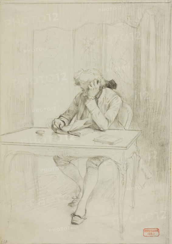 Man in Eighteenth-Century Dress, Seated at Table and Reading, n.d., Charles Bargue, French, 1826-1883, France, Black crayon on ivory wove paper, 252 × 178 mm
