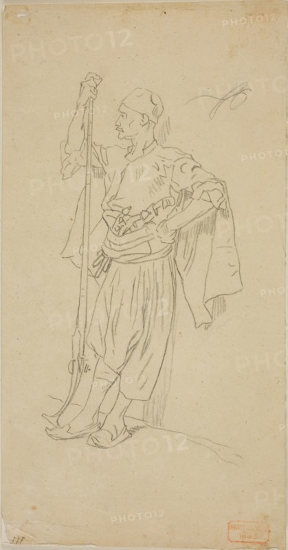 Armed Arab Leaning Against a Wall, n.d., Charles Bargue, French, 1826-1883, France, Graphite on buff wove paper, laid down on ivory wove paper, 222 × 118 mm