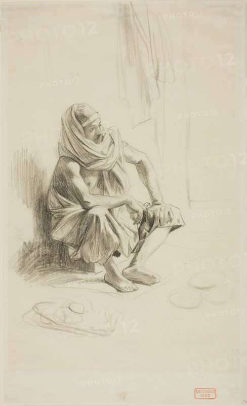 Seated Arab, c. 1850, Charles Bargue, French, 1826-1883, France, Black Conté crayon, on ivory wove paper (discolored to cream), 308 × 186 mm