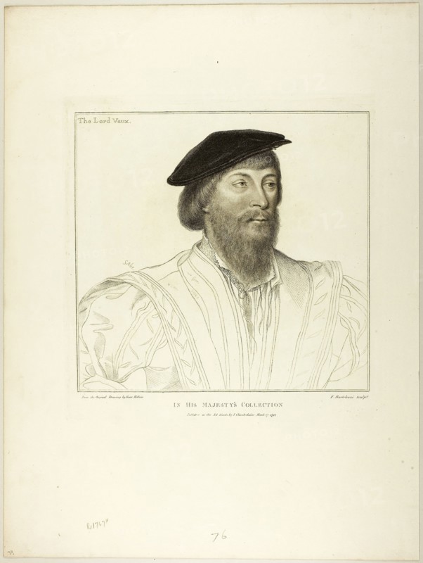 Lord Vaux, March 17, 1792, Francesco Bartolozzi (Italian, 1727-1815), after Hans Holbein the younger (German, 1497-1543), Italy, Stipple engraving on ivory laid paper, 272 x 286 mm (image), 320 x 305 mm (plate), 539 x 406 mm (sheet)