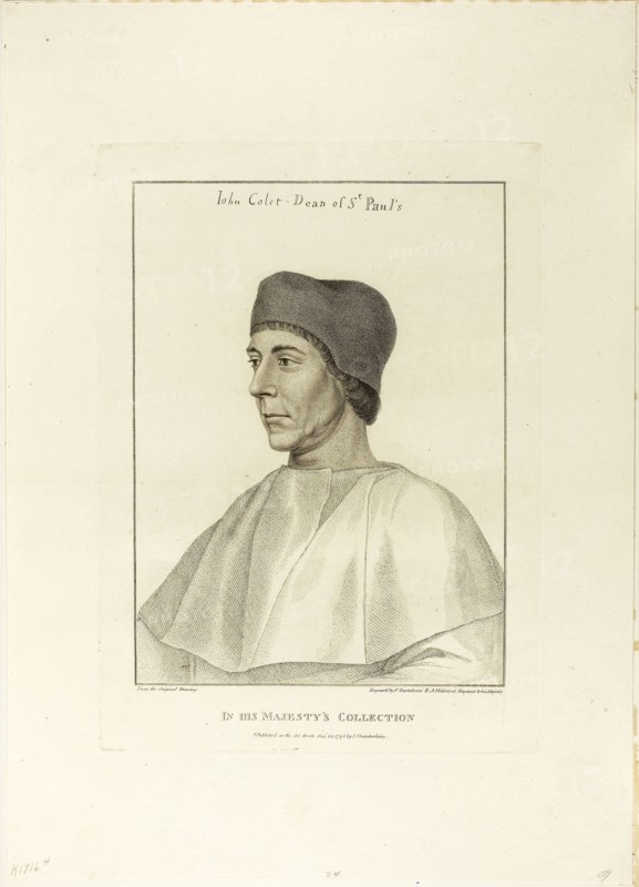 John Colet, August 24, 1795, Francesco Bartolozzi (Italian, 1727-1815), after Hans Holbein the younger (German, 1497-1543), Italy, Stipple engraving on ivory wove paper, 270 x 200 mm (image), 327 x 238 mm (plate), 470 x 238 mm (sheet)