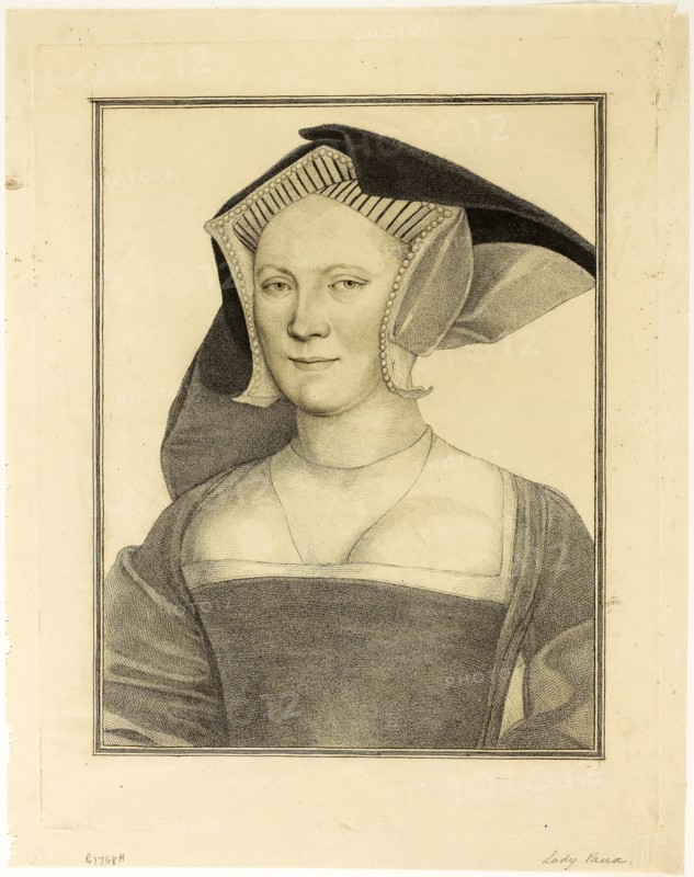 Lady Vaux, March 25, 1793, Francesco Bartolozzi (Italian, 1727-1815), after Hans Holbein the younger (German, 1497-1543), Italy, Stipple engraving on buff laid paper, 279 x 216 mm (image), 335 x 263 mm (plate), 365 x 288 mm (sheet)
