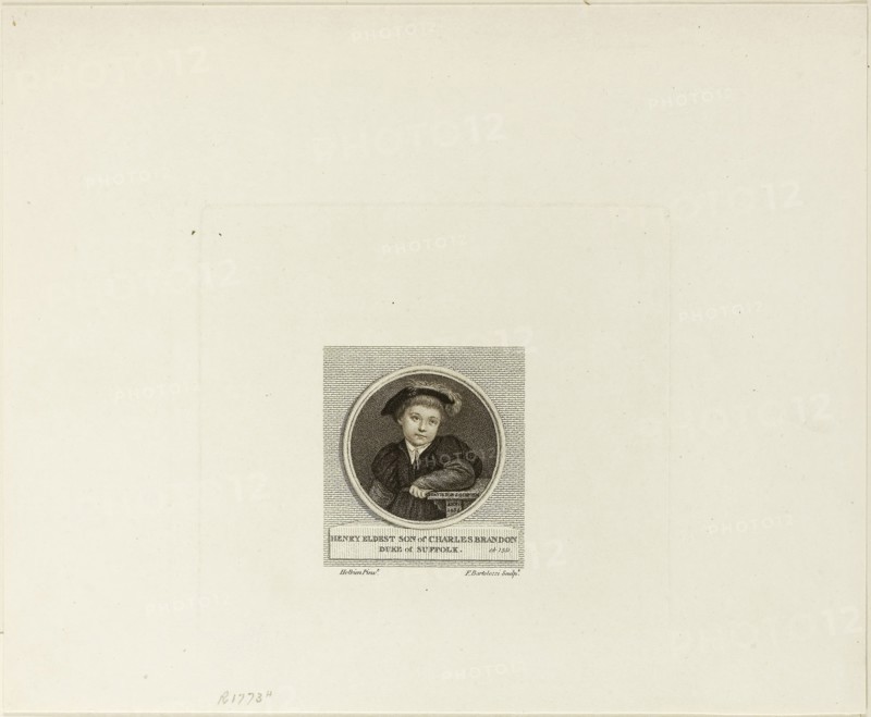 Henry Brandon, March 26, 1798, Francesco Bartolozzi (Italian, 1727-1815), after Hans Holbein the younger (German, 1497-1543), Italy, Stipple engraving on ivory wove paper, 72 x 66 mm (image), 152 x 166 mm (plate), 231 x 283 mm (sheet)