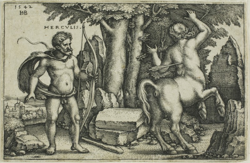 Hercules and Nessus, from The Labors of Hercules, 1542, Sebald Beham, German, 1500-1550, Germany, Engraving in black on ivory laid paper, 50 x 78 mm (image/plate), 52 x 79 mm (sheet)