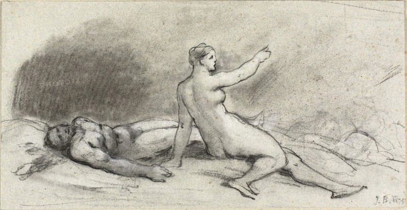 Nude Woman Seated with Nude Man Asleep (recto), Female Torso Seen from Behind (verso), 1875 (recto), c. 1875 (verso), Jean Béraud, French, 1849-1935, France, Black and white chalk, with stumping (recto), and black chalk (verso), on blue laid paper, 178 × 345 mm