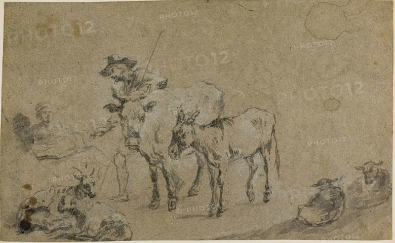 Herdsman with Cow, Donkey, Sheep, after Nicolaes Berchem the Elder, Dutch, 1621/22-1683, Holland, Brush and brown wash, heightened with white chalk, on brown laid paper, laid down on card, 187 x 305 mm