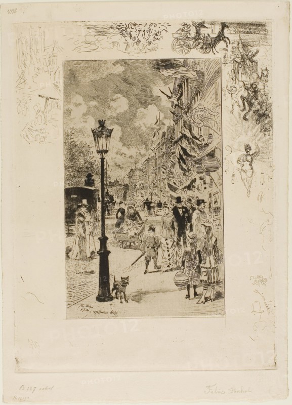National Holiday on the Boulevard Clichy, 1878, Félix Hilaire Buhot, French, 1847-1898, France, Etching and aquatint on ivory laid paper, 232 × 142 mm (image), 315 × 235 mm (plate), 356 × 256 mm (sheet)
