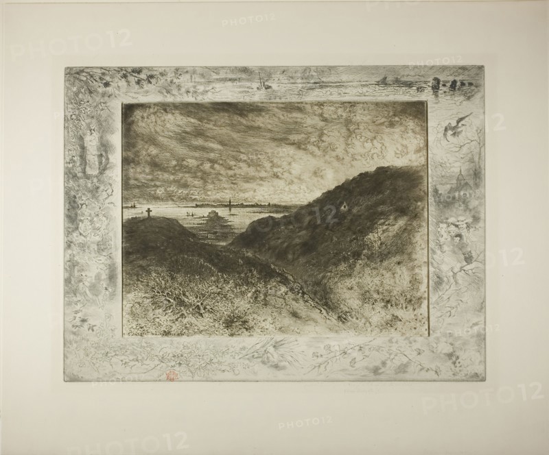 The Cliff, Bay of St. Malo, 1889–90, Félix Hilaire Buhot, French, 1847-1898, France, Etching, drypoint, and aquatint on ivory laid paper, with false margins on heavy white wove paper, 226 × 292 mm (plate, main image), 282 × 381 (sheet), 300 × 400 mm (plate, false margins), 430 × 520 mm (sheet)