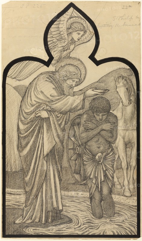 Saint Philip Baptising the Eunuch, 1853/98, Sir Edward Burne-Jones, English, 1833-1898, England, Graphite and charcoal, with brush and black ink and traces of brush and brown gouache on cream wove paper, laid down on cream board, 813 × 478 mm